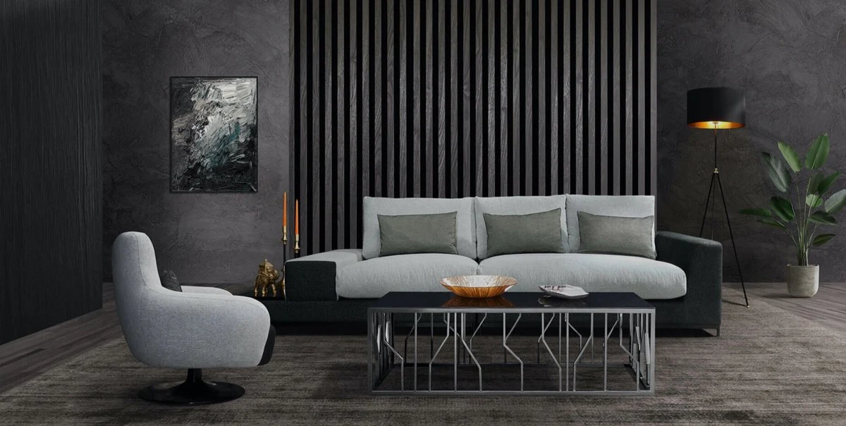 Luxus Wohnzimmer Sofa mit dekorativen Kissen Hellgrau / Schwarz 337 x 100 x H. 57 cm - Luxus Wohnzimmer Möbel