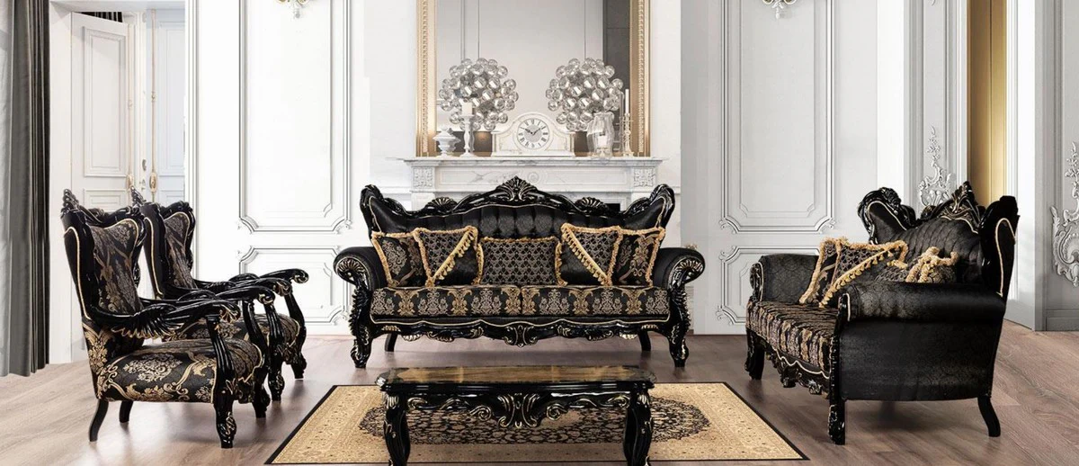 Luxus Barock Wohnzimmer Set Schwarz / Gold - 2 Sofas mit Muster & 2 Sessel mit Muster & 1 Couchtisch - Prunkvolle Barock Wohnzimmer Möbel