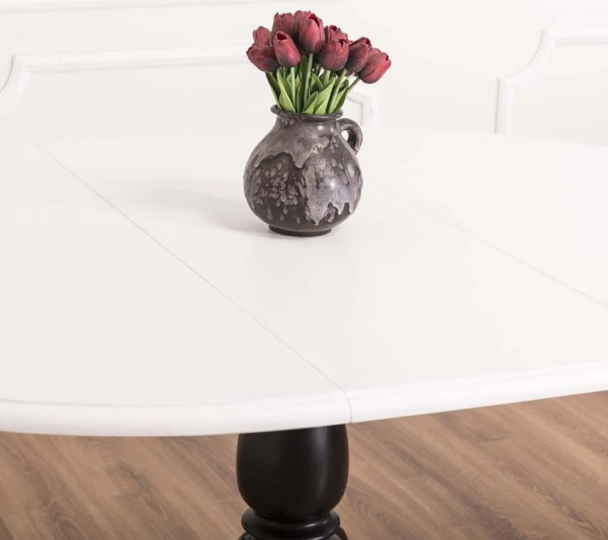 Landhausstil Esstisch Weiß / Schwarz Ø 120 x H. 78 cm - Runder ausziehbarer Massivholz Küchentisch - Landhausstil Esszimmermöbel