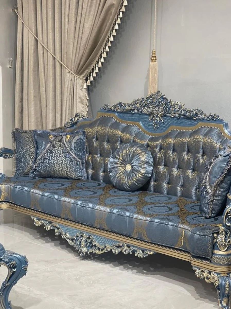 Luxus Barock Sofa Blau / Gold - Prunkvolles Wohnzimmer Sofa mit elegantem Muster - Barockstil Wohnzimmer Möbel - Luxus Möbel im Barockstil - Edel & Prunkvoll