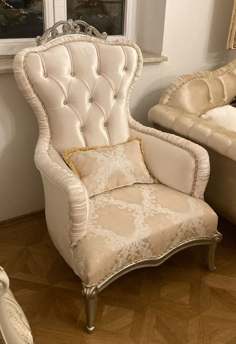 Luxus Barock Sessel Rosa / Silber - Prunkvoller Wohnzimmer Sessel mit Glitzersteinen - Luxus Wohnzimmer Möbel im Barockstil - Barock Möbel - Barock Einrichtung - Edel & Prunkvoll