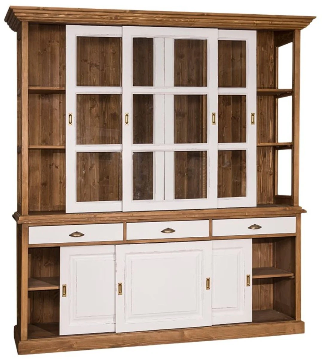 Landhausstil Küchenschrank Braun / Antik Weiß 206 x 53 x H. 219 cm - 2 Teiliger Küchenschrank mit 6 Schiebetüren und 3 Schubladen