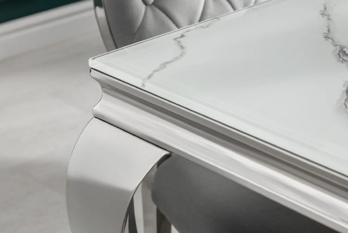 Designer Esstisch Weiß / Grau / Silber 200 x 105 x H. 75 cm - Rechteckiger Edelstahl Küchentisch mit digitalbedrucktem Sicherheitsglas in Marmoroptik - Moderne Barock Möbel