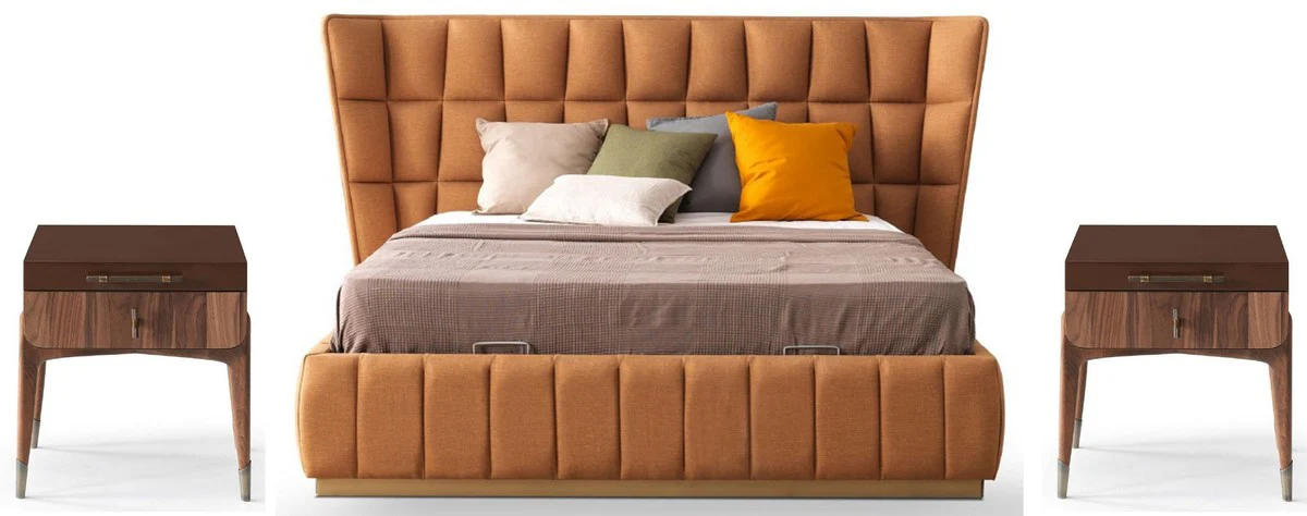 Luxus Schlafzimmer Set Hellbraun / Braun - 1 Doppelbett mit Kopfteil & 2 Nachtkommoden - Luxus Schlafzimmer Möbel - Luxus Schlafzimmer Einrichtung
