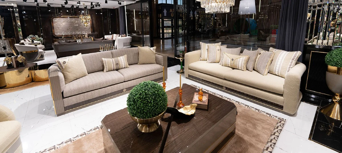 Luxus Couchtisch 2er Set Braun / Grau / Gold - Luxus Massivholz Wohnzimmertische - Wohnzimmer Möbel - Luxus Möbel