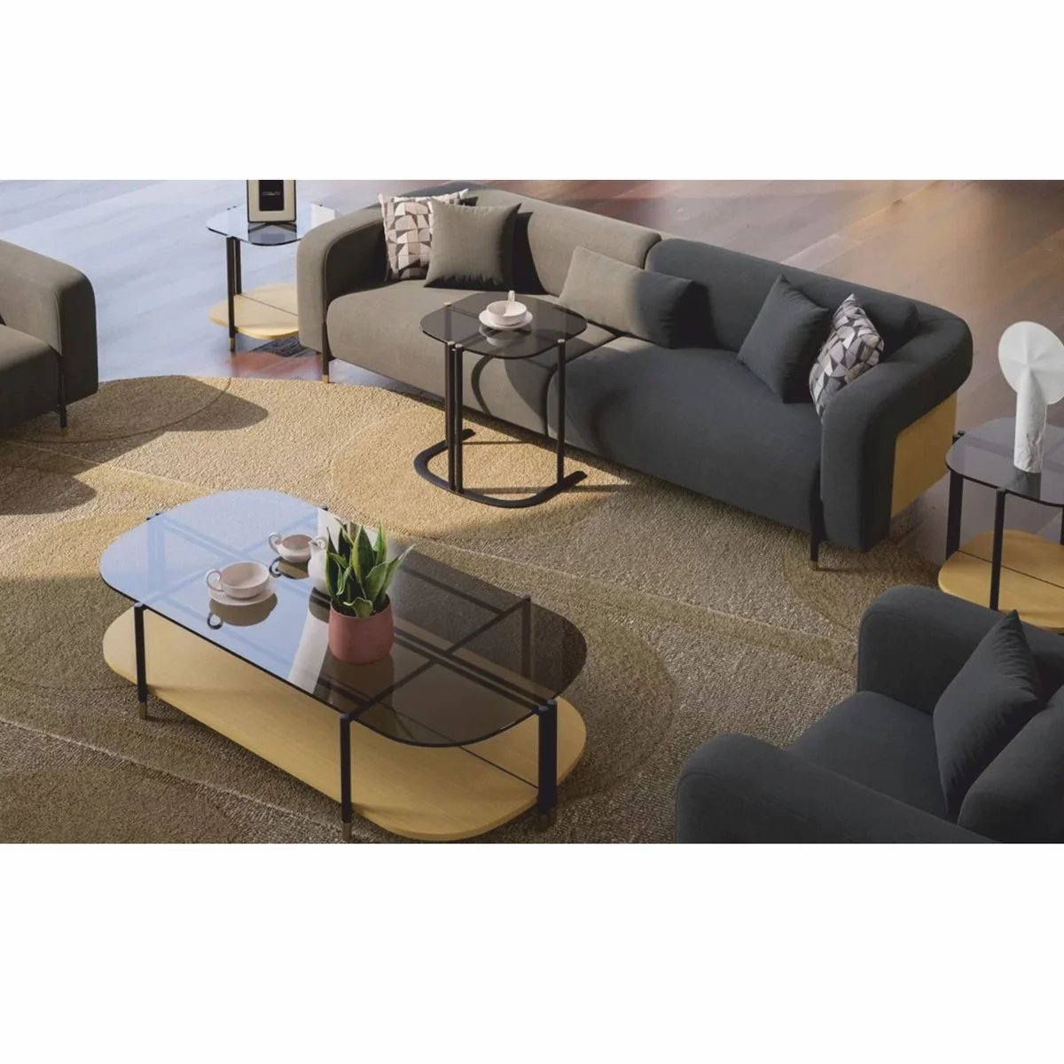 Luxus Couchtisch Naturfarben / Grau / Messing 155 cm - Wohnzimmer & Hotel Möbel