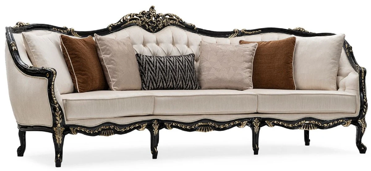 Luxus Barock Wohnzimmer Sofa Creme / Schwarz / Gold - Handgefertigtes Barockstil Sofa mit dekorativen Kissen - Luxus Wohnzimmer Möbel im Barockstil - Barock Möbel - Edel & Prunkvoll