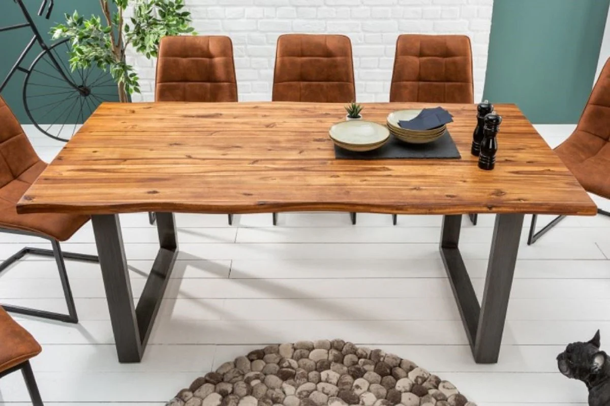 Massivholz Esstisch Braun / Grau 200 x 100 x H. 76,5 cm - Moderner Küchentisch mit massiver Akazienholz Tischplatte und Metall Beinen - Massivholz Esszimmer Möbel