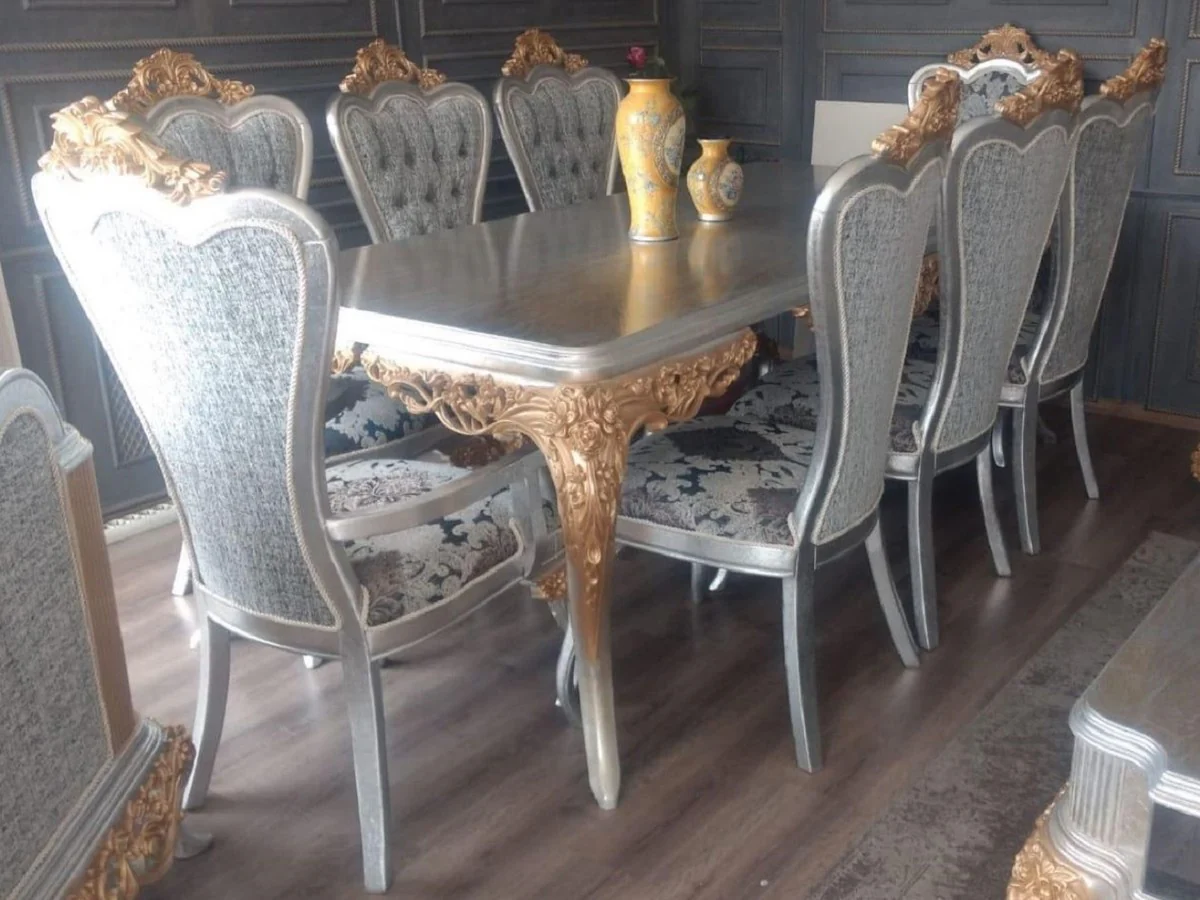 Luxus Barock Esszimmer Set Blau / Weiß / Silber / Kupfer - 1 Barock Esstisch & 6 Barock Esszimmerstühle - Esszimmer Möbel im Barockstil - Edel & Prunkvoll