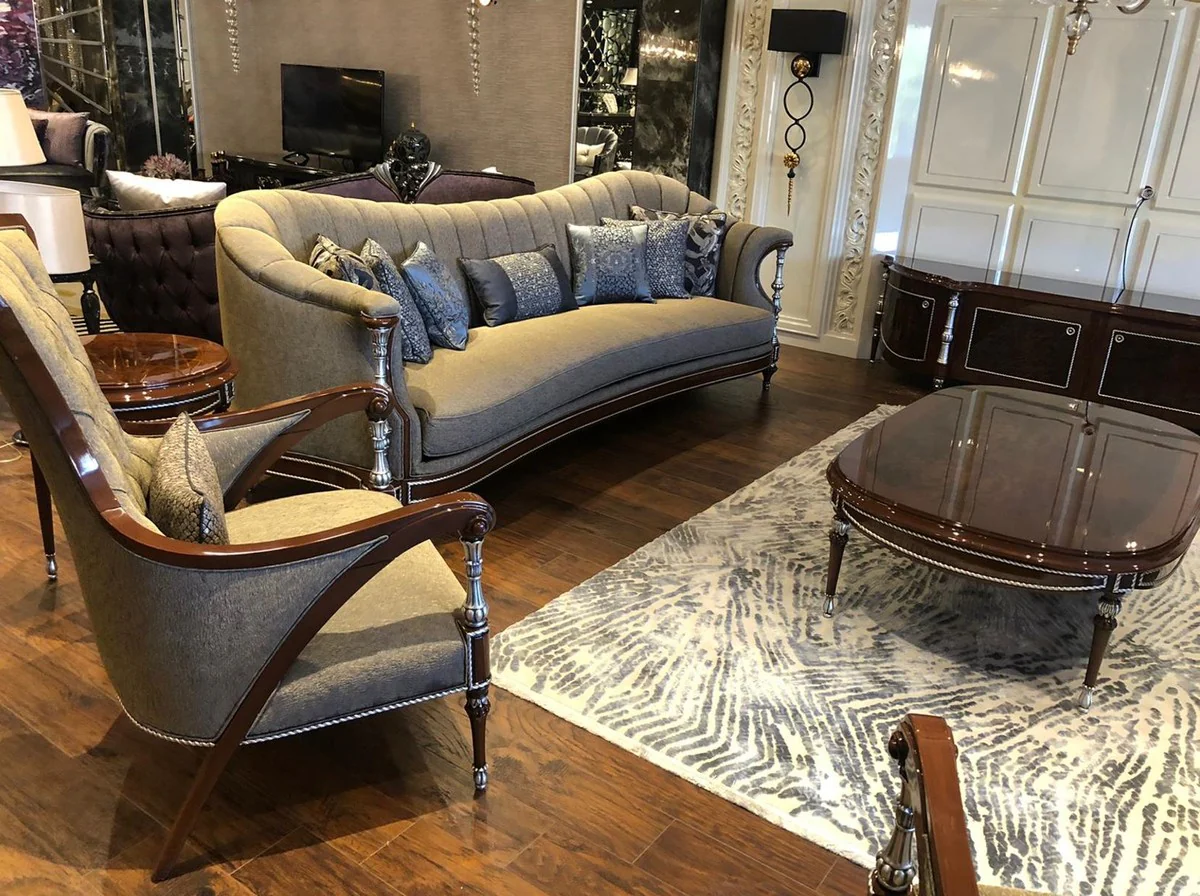 Luxus Barock Wohnzimmer Set Grau / Braun / Silber - 2 Sofas & 2 Sessel & 1 Couchtisch - Handgefertigte Barock Wohnzimmer Möbel - Edel & Prunkvoll