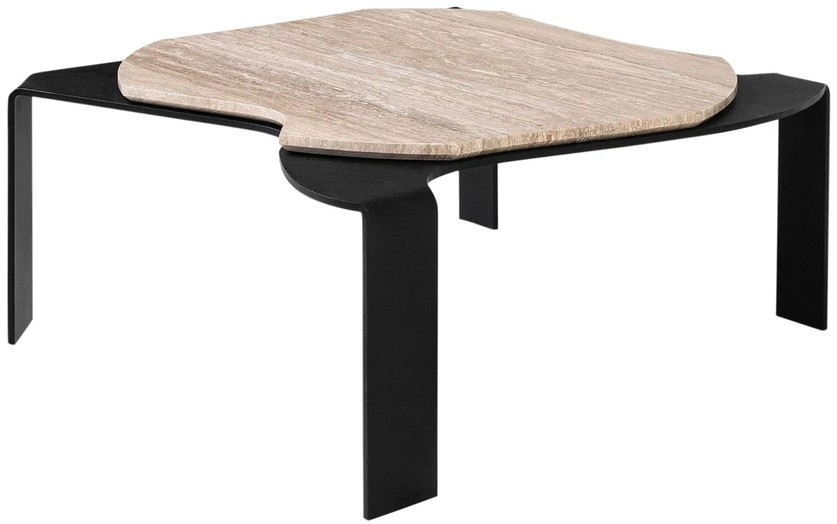 Luxus Couchtisch Schwarz / Beige 75,5 x 78 x H. 32,5 cm - Designer Wohnzimmertisch mit Marmorplatte