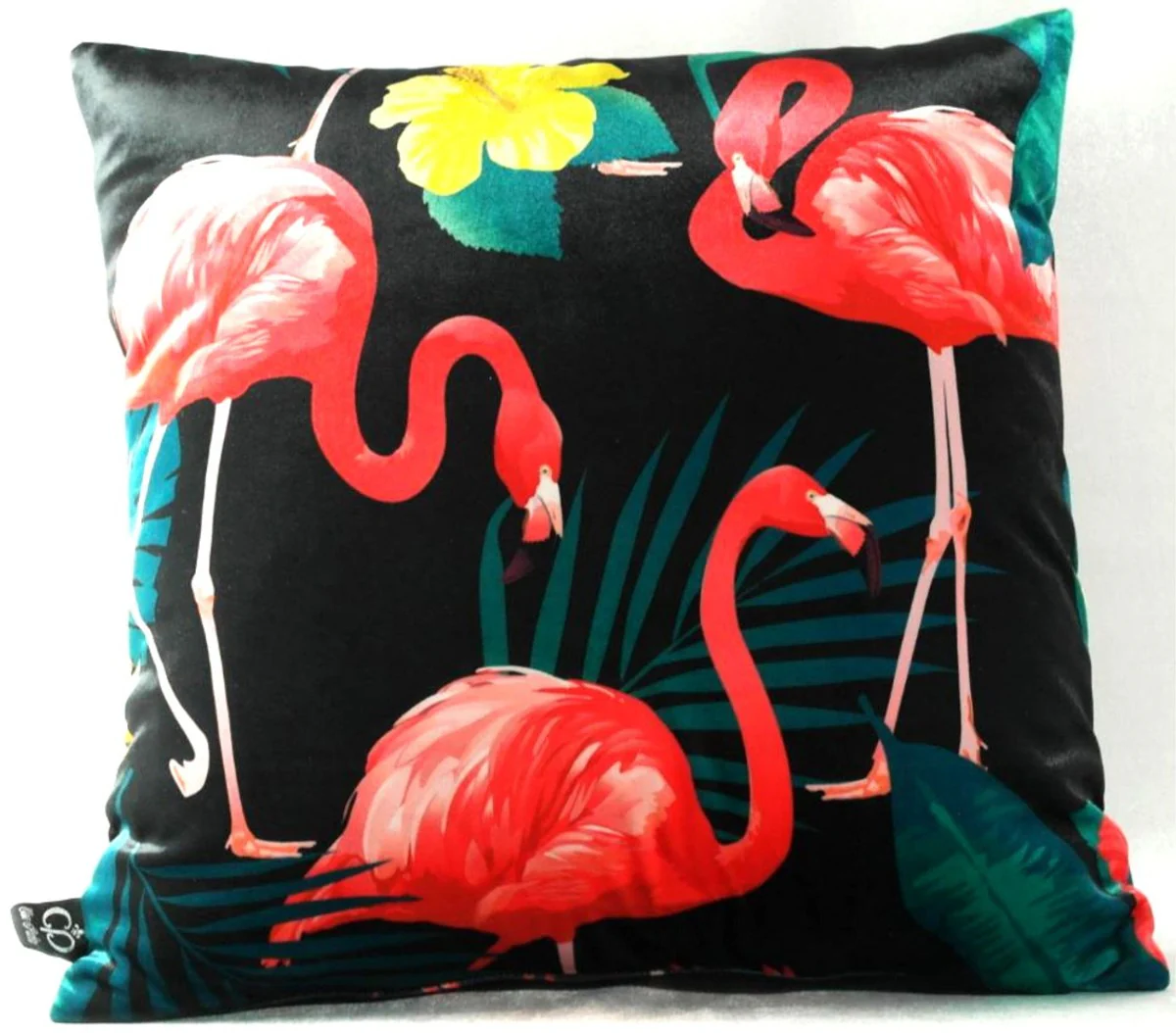 Luxus Kissen Malibu Flamingos Schwarz / Mehrfarbig 45 x 45 cm - Feinster Samtstoff - Deko Wohnzimmer Kissen