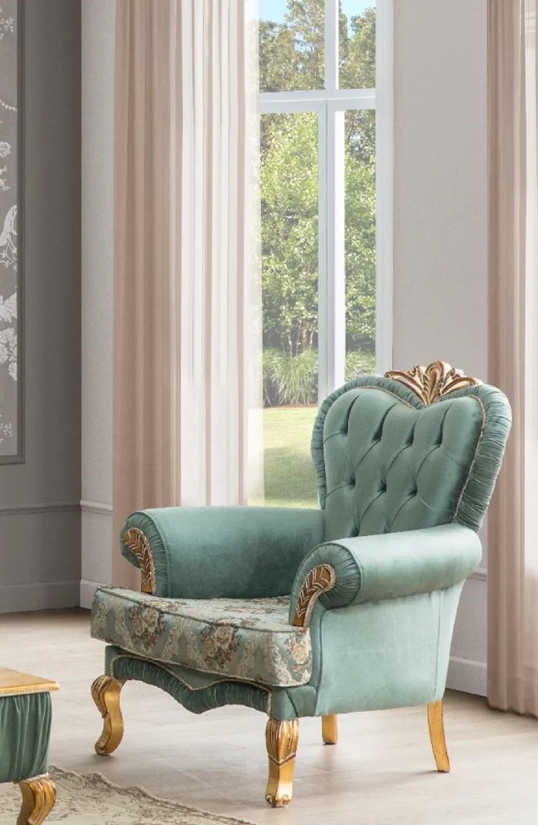 Luxus Barock Wohnzimmer Set Grün / Gold - 2 Sofas mit Muster & 2 Sessel mit Muster & 1 Couchtisch - Wohnzimmer Möbel im Barockstil - Edel & Prunkvoll