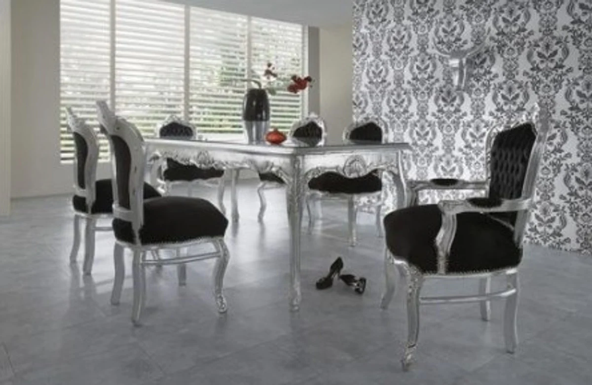 Barock Esszimmer Set Schwarz/Silber/Silber - Esstisch + 6 Stühle