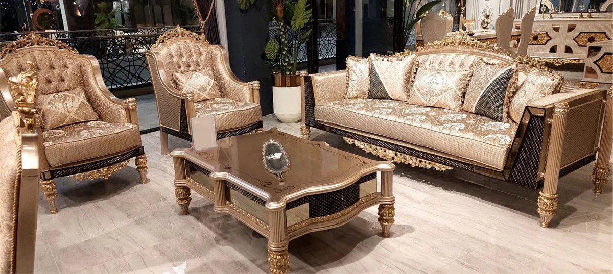 Luxus Barock Couchtisch Grau / Schwarz / Gold - Handgefertigter Massivholz Wohnzimmertisch im Barockstil - Wohnzimmer Möbel im Barockstil - Barock Möbel - Edel & Prunkvoll