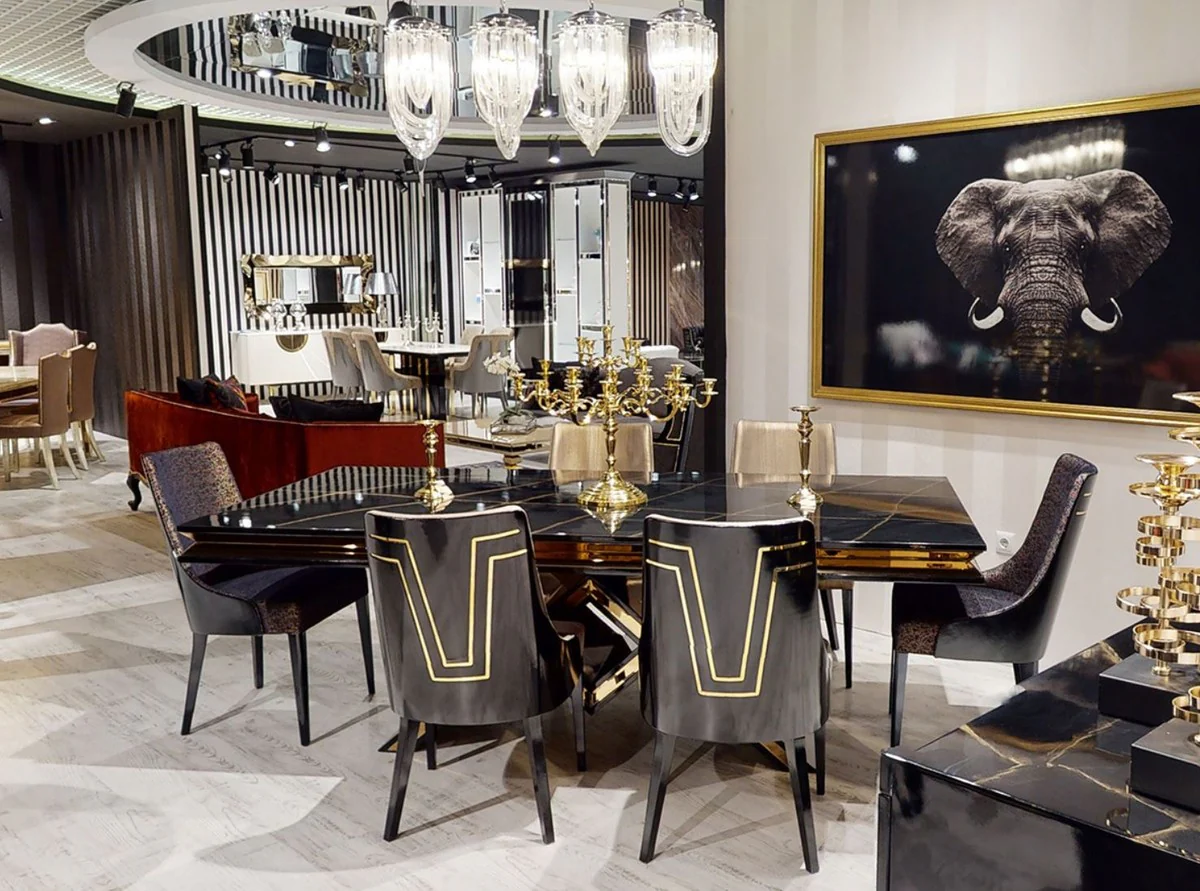 Luxus Art Deco Esstisch Schwarz / Gold - Handgefertigter Massivholz Küchentisch - Art Deco Esszimmer Möbel