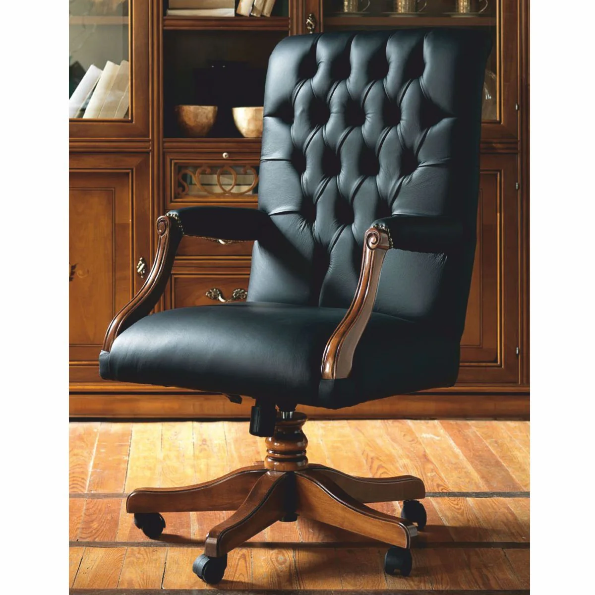 Luxus Barock Chesterfield Leder Schreibtischstuhl Schwarz / Braun - Made in Italy