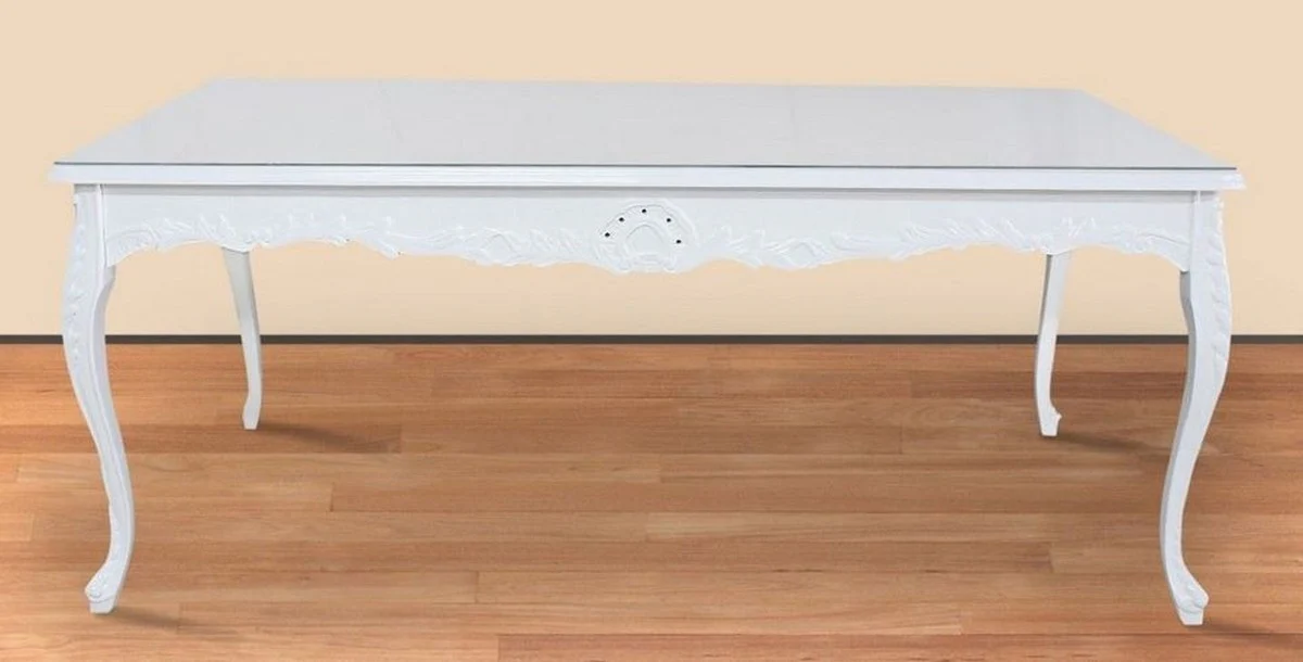 Barock Esstisch Weiß 200 x 100 x H. 90 cm - Massivholz Küchentisch mit Glasplatte - Barock Esszimmer Möbel
