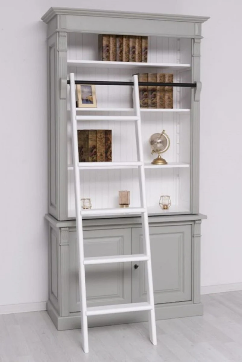 Landhausstil Bücherschrank mit Leiter Grau / Weiß 120 x 51 x H. 228 cm - Massivholz Schrank - Regalschrank - Wohnzimmerschrank - Büroschrank - Landhausstil Möbel