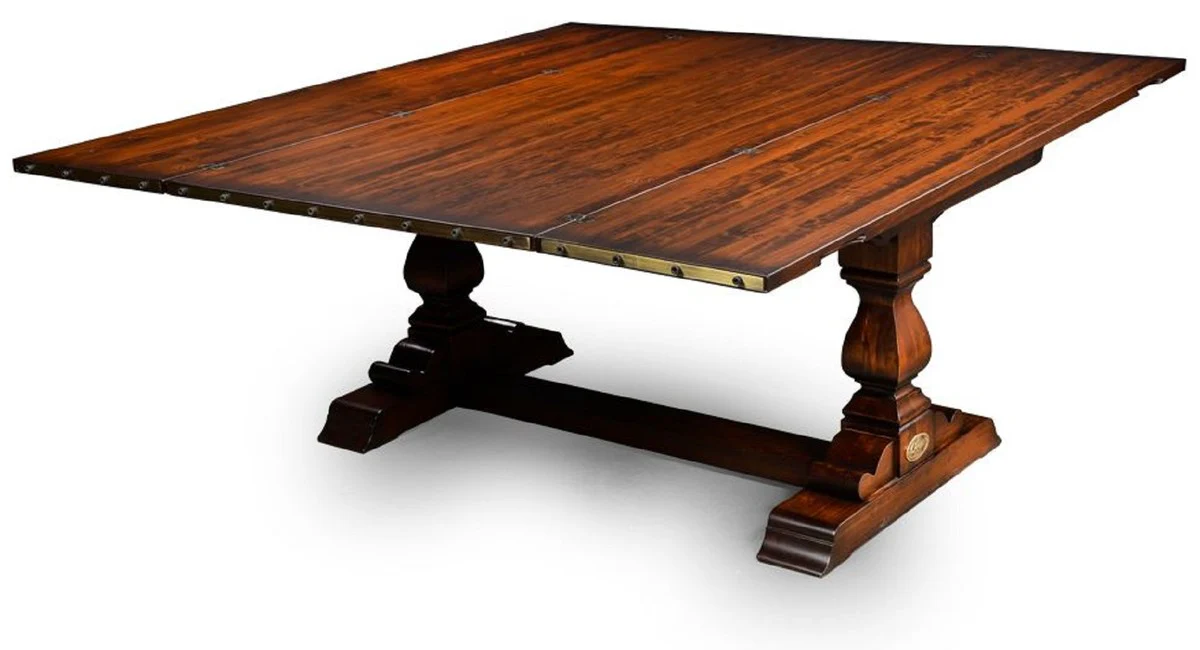 Luxus Vintage Stil Esstisch Braun / Messing 180 x 85 x H. 78 cm - Rechteckiger Massivholz Esszimmertisch mit ausklappbarer Tischplatte - Esszimmer Möbel - Luxus Vintage Stil Möbel