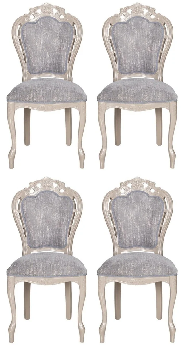 Luxus Barock Esszimmer Stuhl 4er Set Grau / Hochglanz Beige 49,5 x 57 x H. 102,5 cm - Barockstil Küchen Stühle - Prunkvolle Luxus Esszimmer Möbel im Barockstil - Edel & Prunkvoll