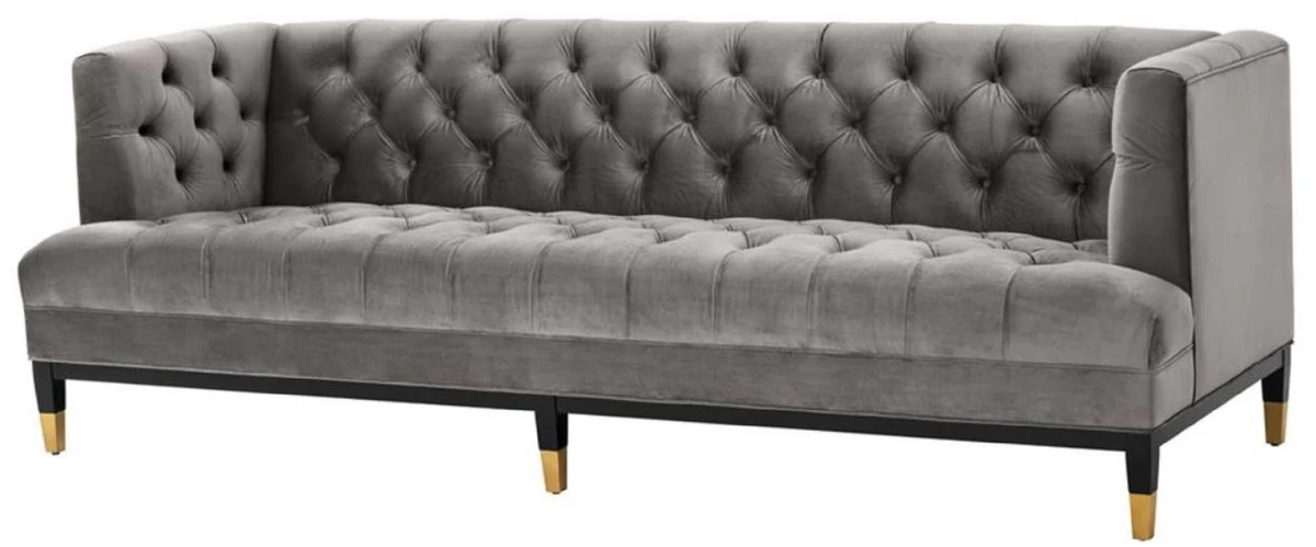 Luxus Wohnzimmer Sofa Grau / Schwarz / Messingfarben 230 x 85 x H. 79 cm - Chesterfield Samtsofa