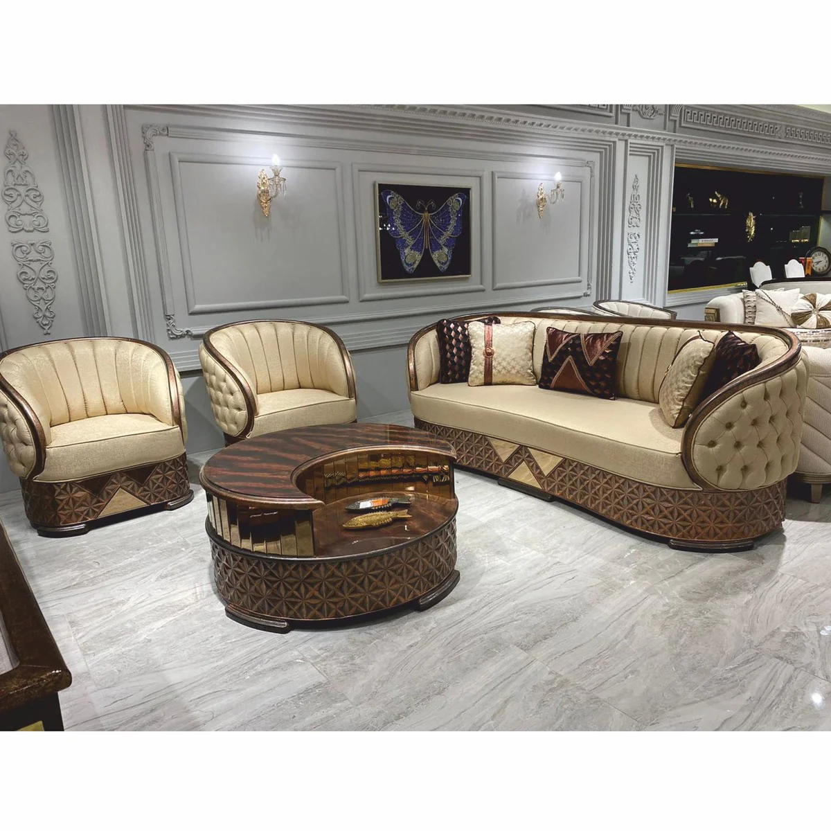 Luxus Art Deco Couchtisch Kupfer / Grau / Gold Ø 104 cm - Wohnzimmer Möbel