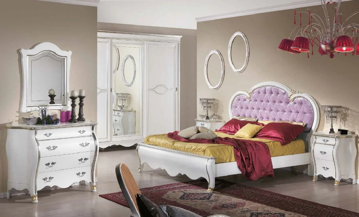 Luxus Barock Doppelbett Lila / Weiß / Gold - Prunkvolles Massivholz Bett im Barockstil - Barock Schlafzimmer & Hotel Möbel - Luxus Qualität - Made in Italy