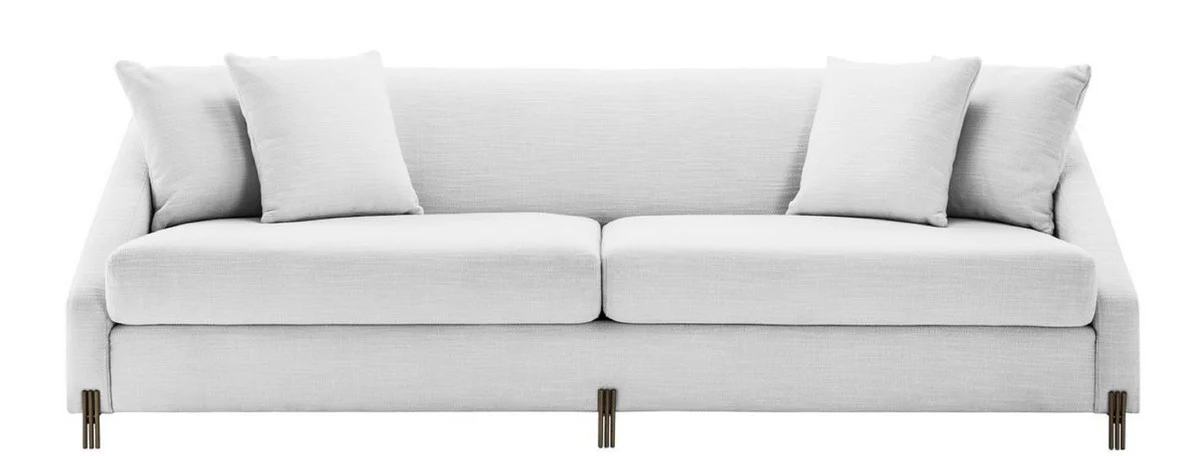 Luxus Sofa Weiß / Messingfarben 223 x 94 x H. 73 cm - Wohnzimmer Sofa mit 4 Kissen - Luxus Möbel