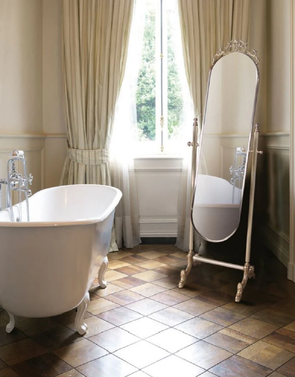 Luxus Barock Standspiegel Silber / Gold 51 x 41 x H. 165 cm - Edler Messing Spiegel - Badezimmer Spiegel - Schlafzimmer Spiegel - Barock Möbel - Luxus Qualität