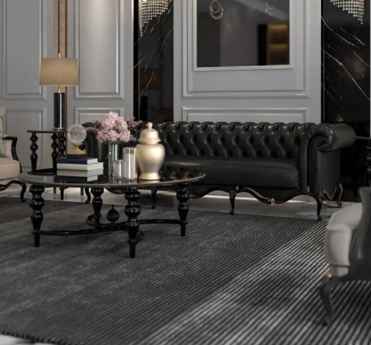 Luxus Barock Couchtisch Schwarz Ø 114 x H. 47 cm - Runder Massivholz Wohnzimmertisch - Edle Barock Wohnzimmer Möbel