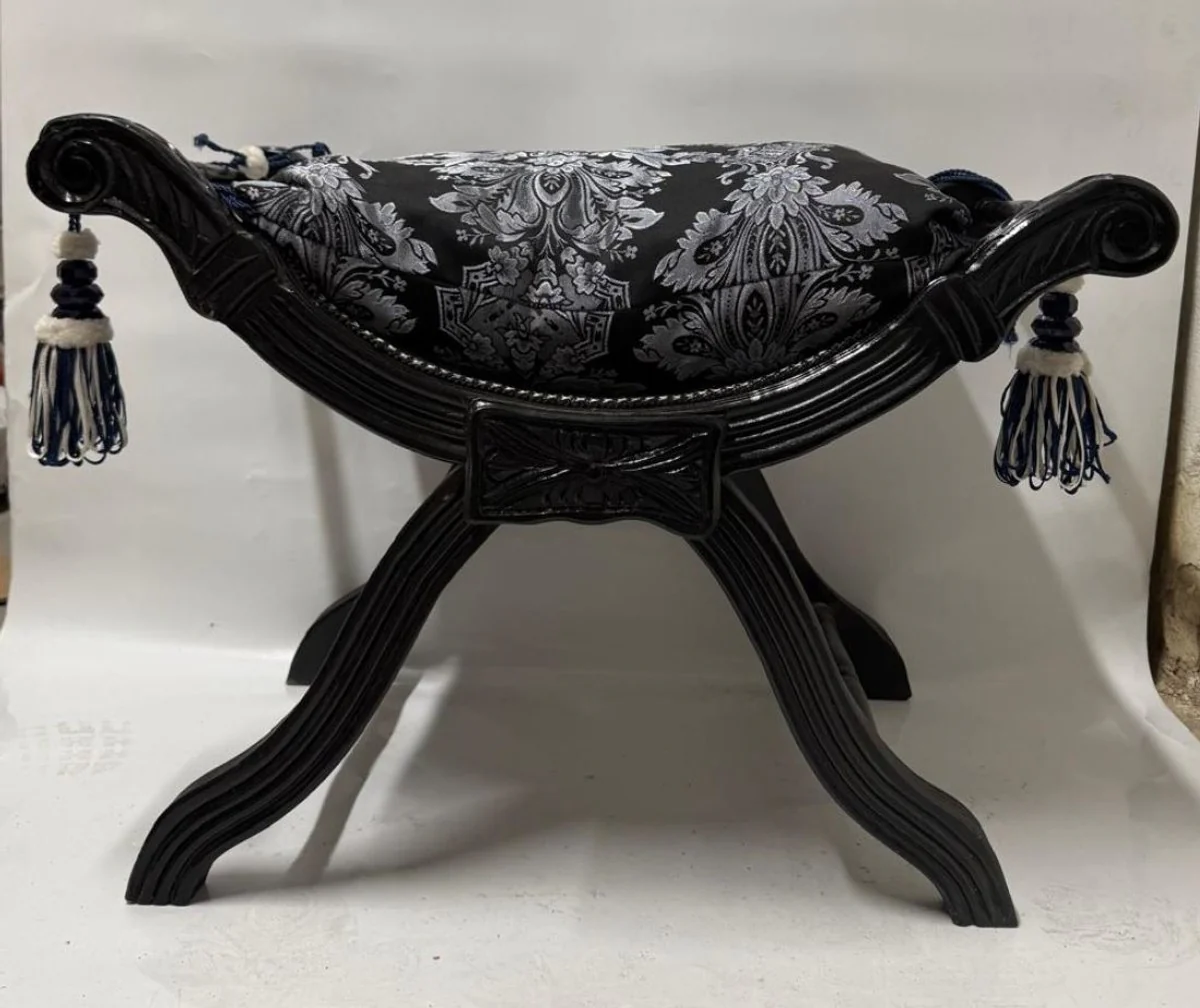 Barock Kreuzhocker mit Kissen Schwarz / Grau - Barockstil Möbel