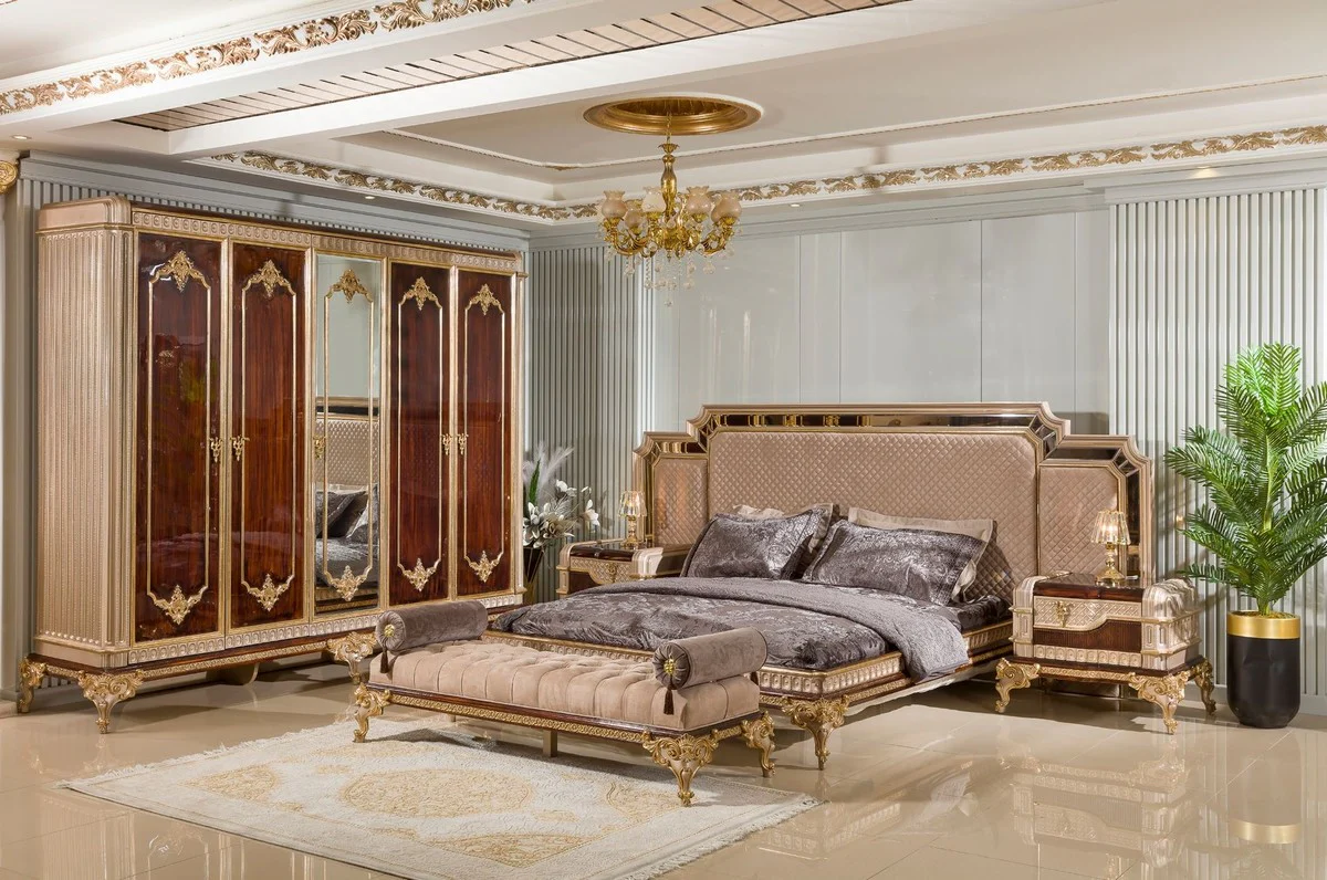 Luxus Barock Schlafzimmer Schrank mit 5 Türen Dunkelbraun / Grau / Gold - Barock Möbel