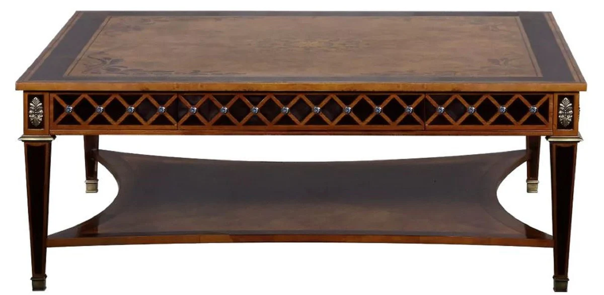 Luxus Art Deco Couchtisch Naturfarben / Braun Intarsien / Silber / Antik Messing 130 x 130 x H. 50 cm - Quadratischer Wohnzimmertisch - Luxus Art Deco Wohnzimmer Möbel