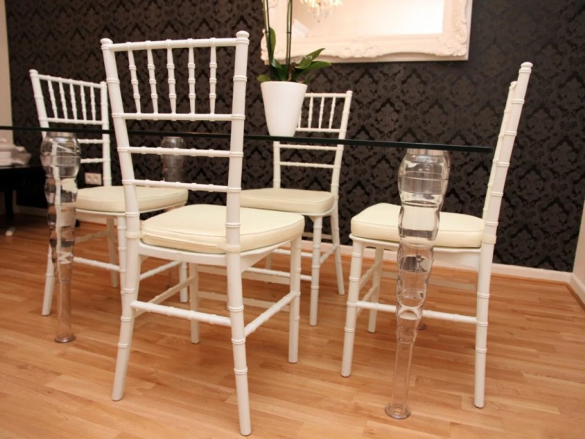 Designer Acryl Esszimmer Set Weiß/Creme - Ghost Chair Table - Polycarbonat Möbel - 1 Tisch + 4 Stühle - Designer Möbel