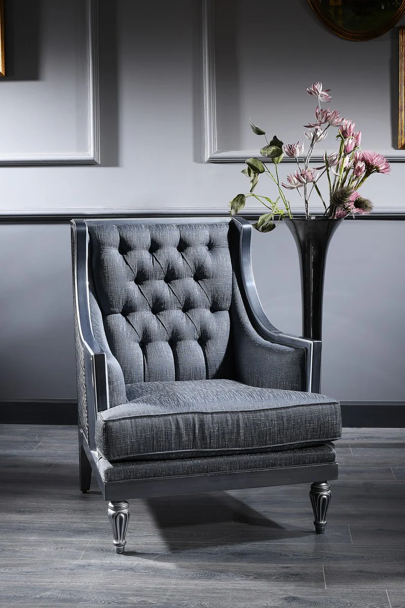 Luxus Barock Chesterfield Wohnzimmer Sessel Blau / Grau / Silber 77 x 76 x H. 100 cm - Barockmöbel