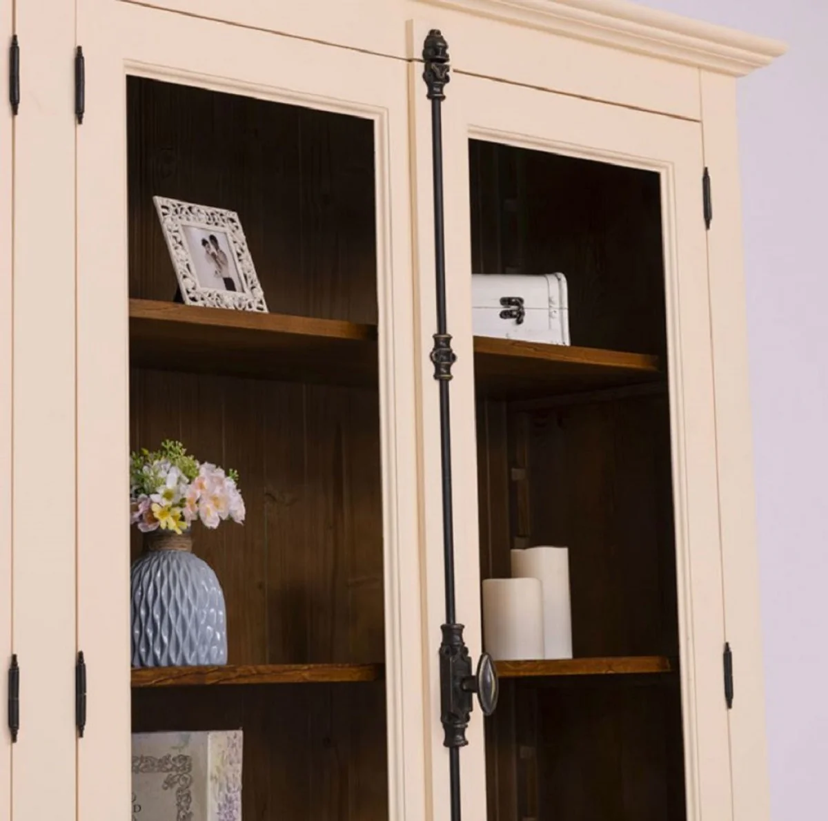 Landhausstil Esszimmerschrank Creme / Braun 223 x 50 x H. 228 cm - Massivholz Küchenschrank - Esszimmer Möbel im Landhausstil - Landhausstil Esszimmer Einrichtung