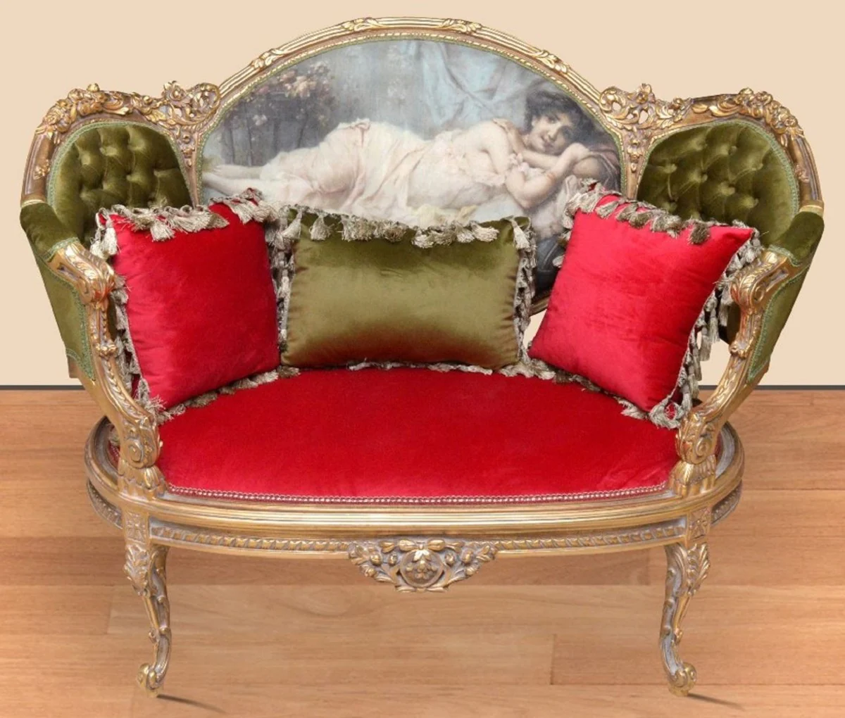 Barock Sofa Grün / Rot / Mehrfarbig / Gold - Handgefertigtes Wohnzimmer Sofa im Barockstil - Prunkvolle Barock Wohnzimmer Möbel