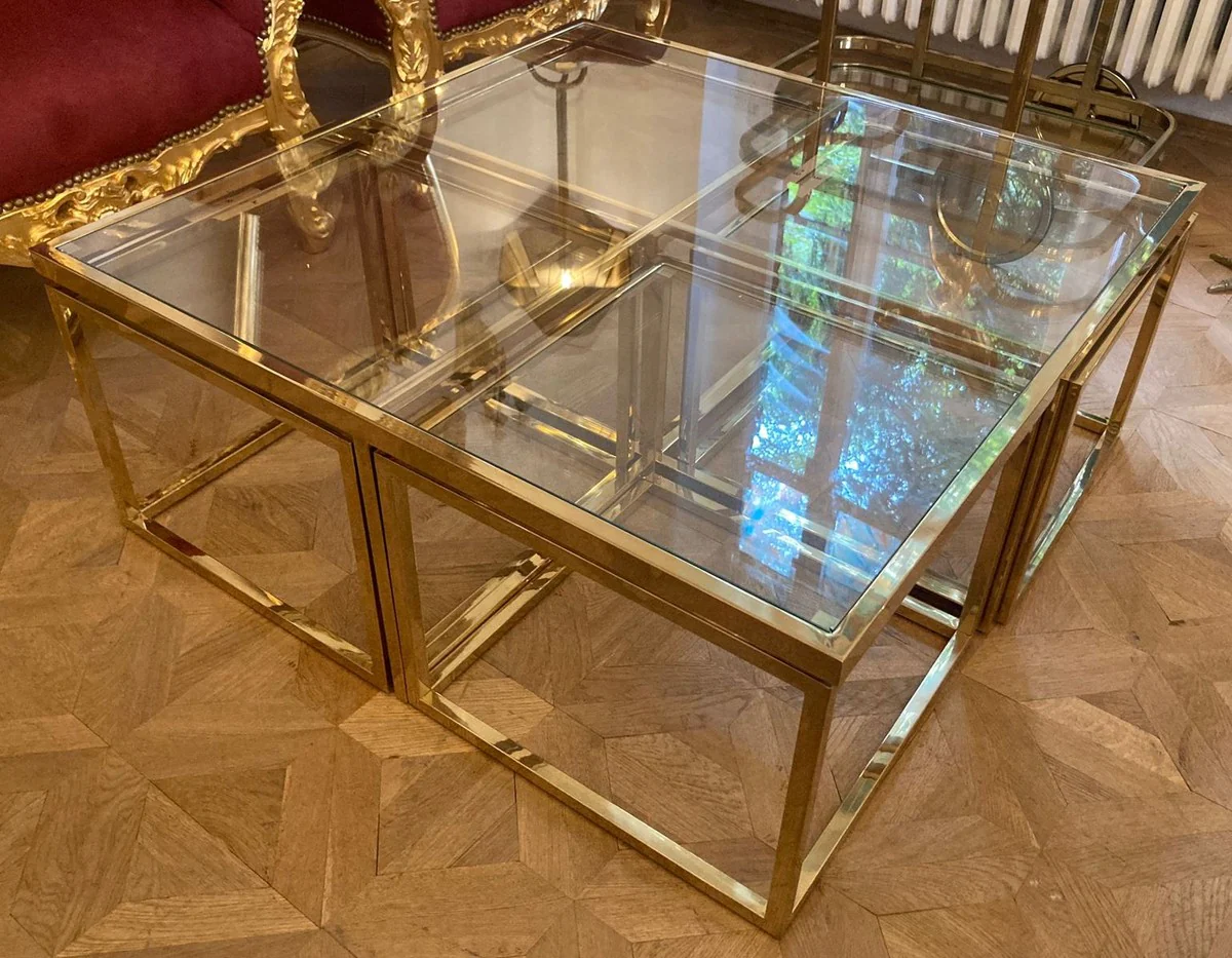 Luxus Couchtisch Gold 100 x 100 x H. 40 cm - Quadratischer Wohnzimmertisch mit 4 herausziehbaren Beistelltischen - Wohnzimmer Möbel - Luxus Möbel - Luxus Einrichtung