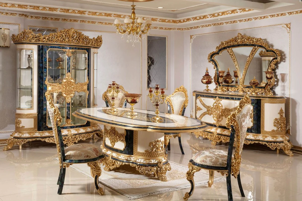 Luxus Barock Esszimmerstuhl Set Mehrfarbig / Blau / Gold - Handgefertigtes Küchen Stühle 6er Set mit elegantem Muster - Barock Esszimmer Möbel - Edel & Prunkvoll