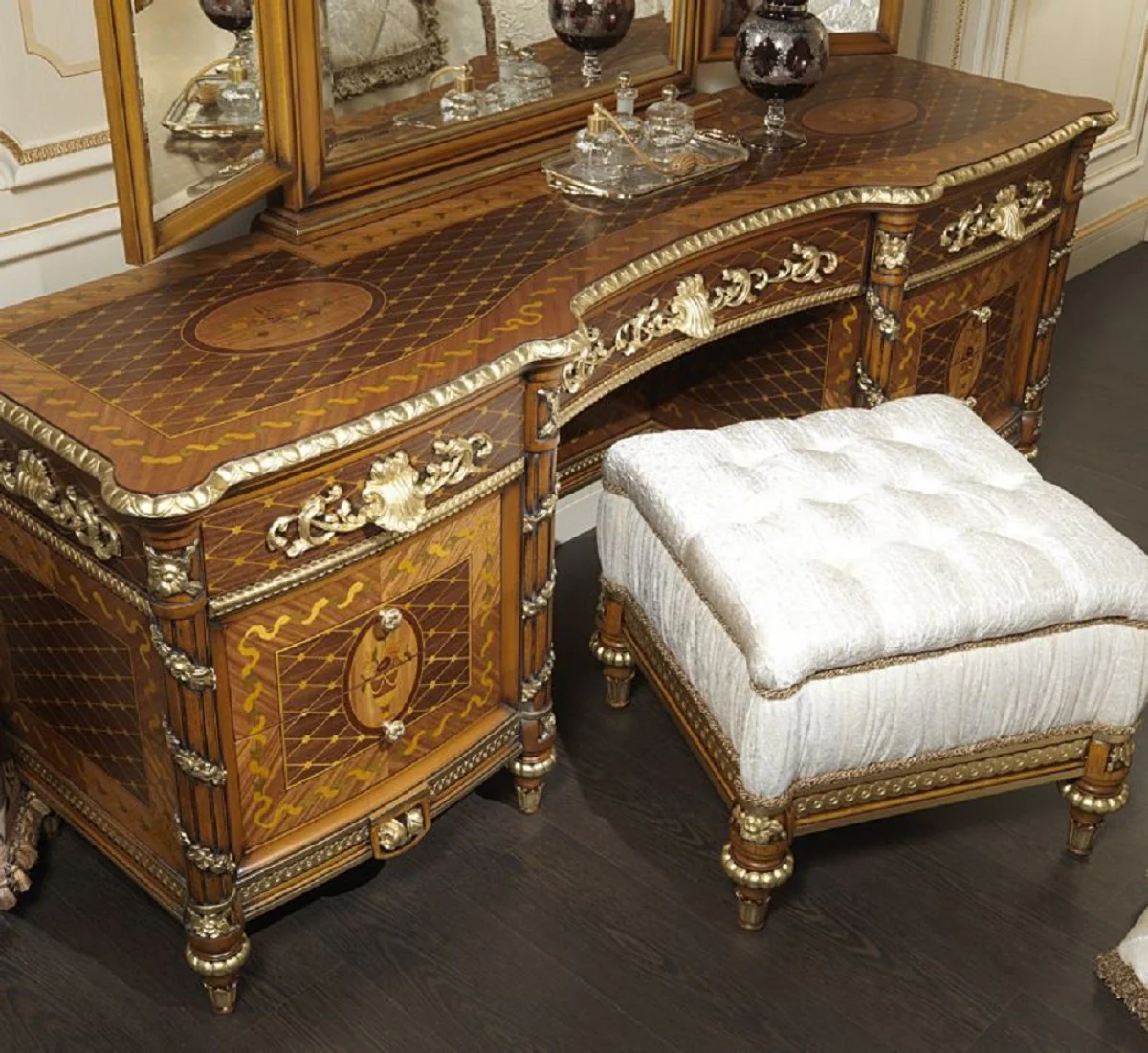 Luxus Barock Kommode mit Spiegel Braun / Gold - Prunkvoller handgefertigter Schminktisch mit Wandspiegel - Hotel Möbel - Schloss Möbel - Luxus Qualität - Made in Italy