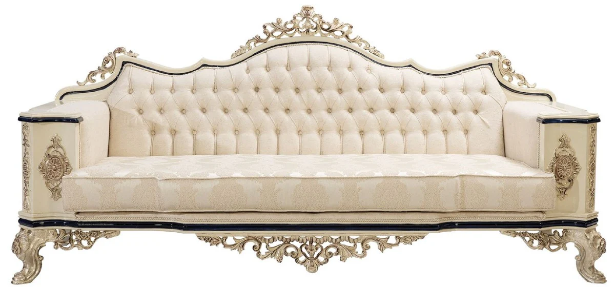 Luxus Barock Sofa Weiß / Creme / Schwarz / Antik Gold - Barockstil Wohnzimmer Sofa mit elegantem Muster - Luxus Wohnzimmer Möbel im Barockstil - Barock Einrichtung - Barock Möbel