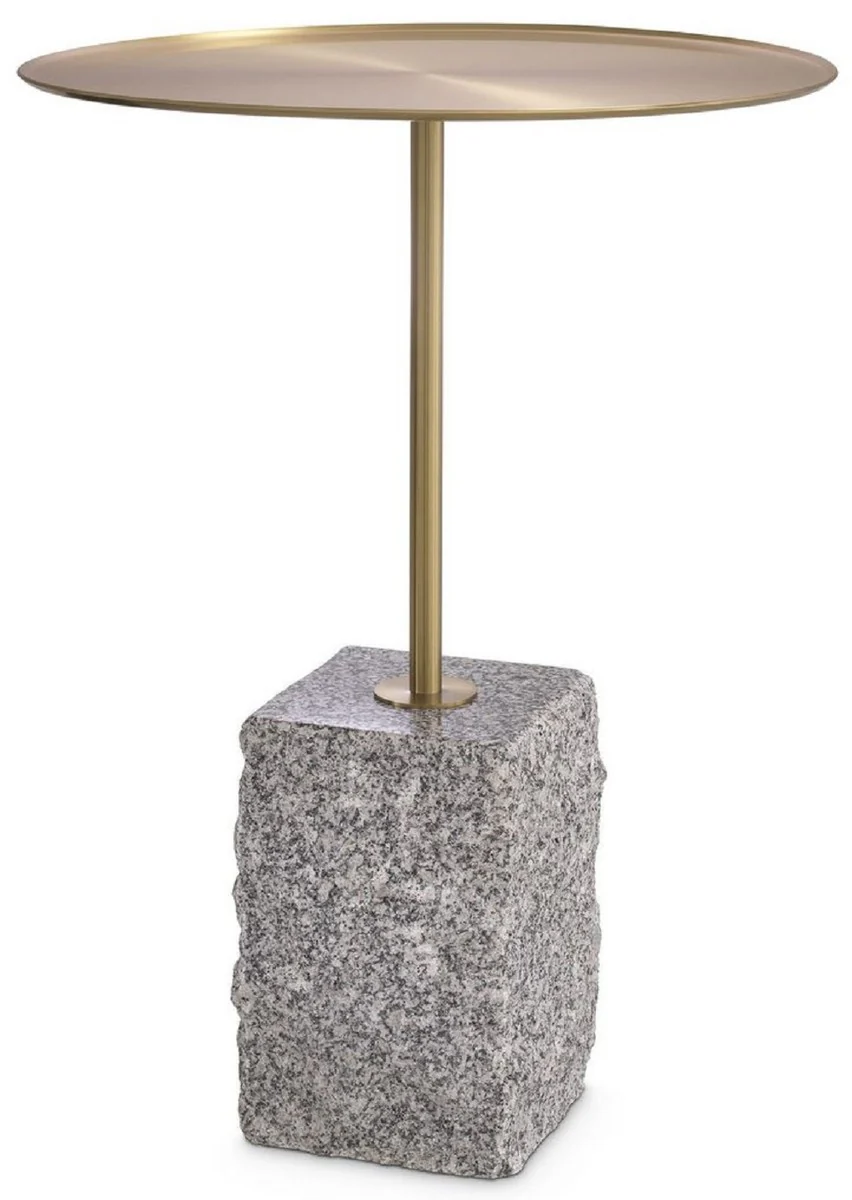 Luxus Beistelltisch Messingfarben / Grau Ø 45 x H. 63 cm - Runder Edelstahl Tisch mit Granitsockel - Wohnzimmer Möbel - Hotel Möbel - Luxus Möbel
