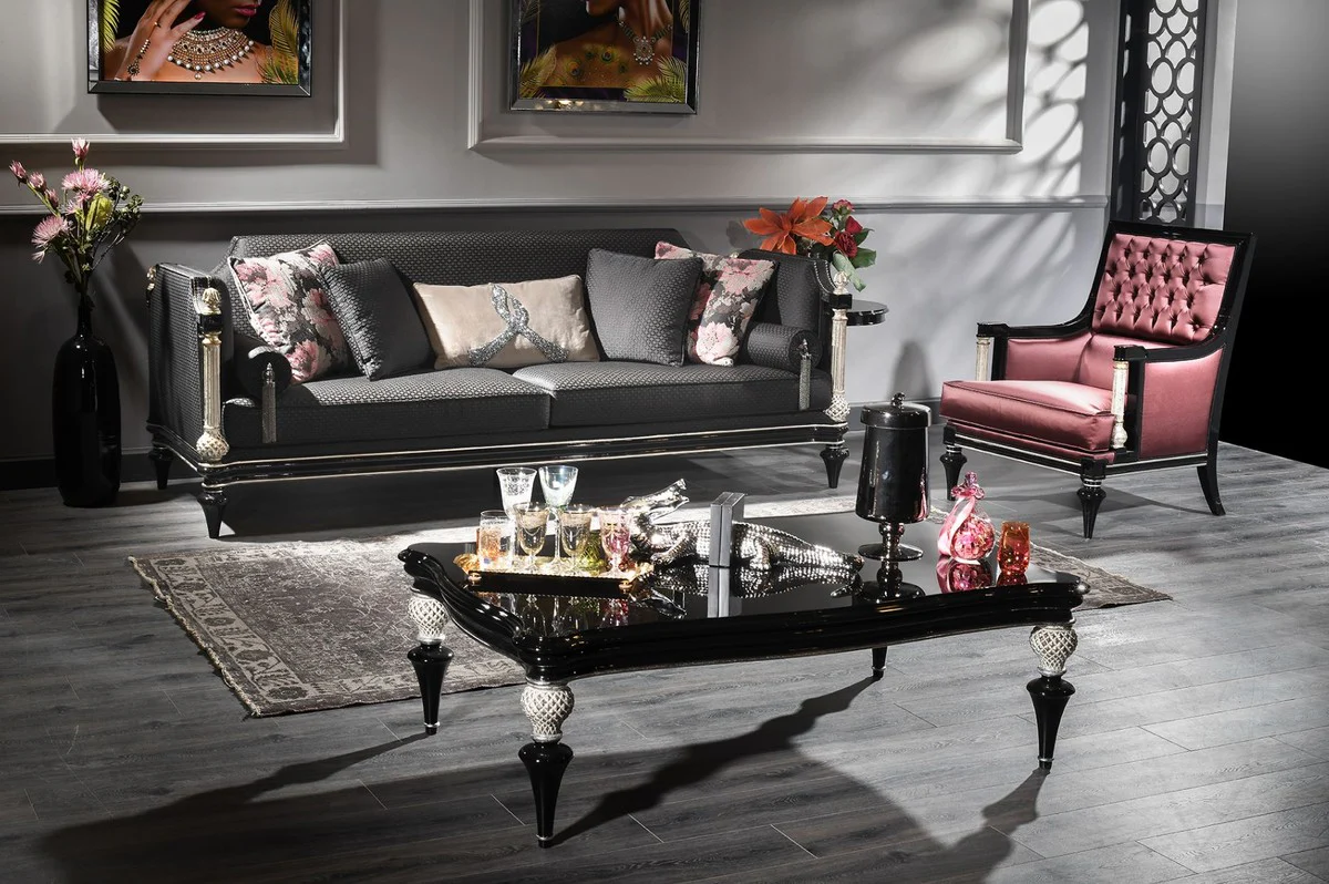 Luxus Barock Couchtisch Schwarz / Silber - Handgefertigter Massivholz Wohnzimmertisch im Barockstil - Barock Wohnzimmer Möbel