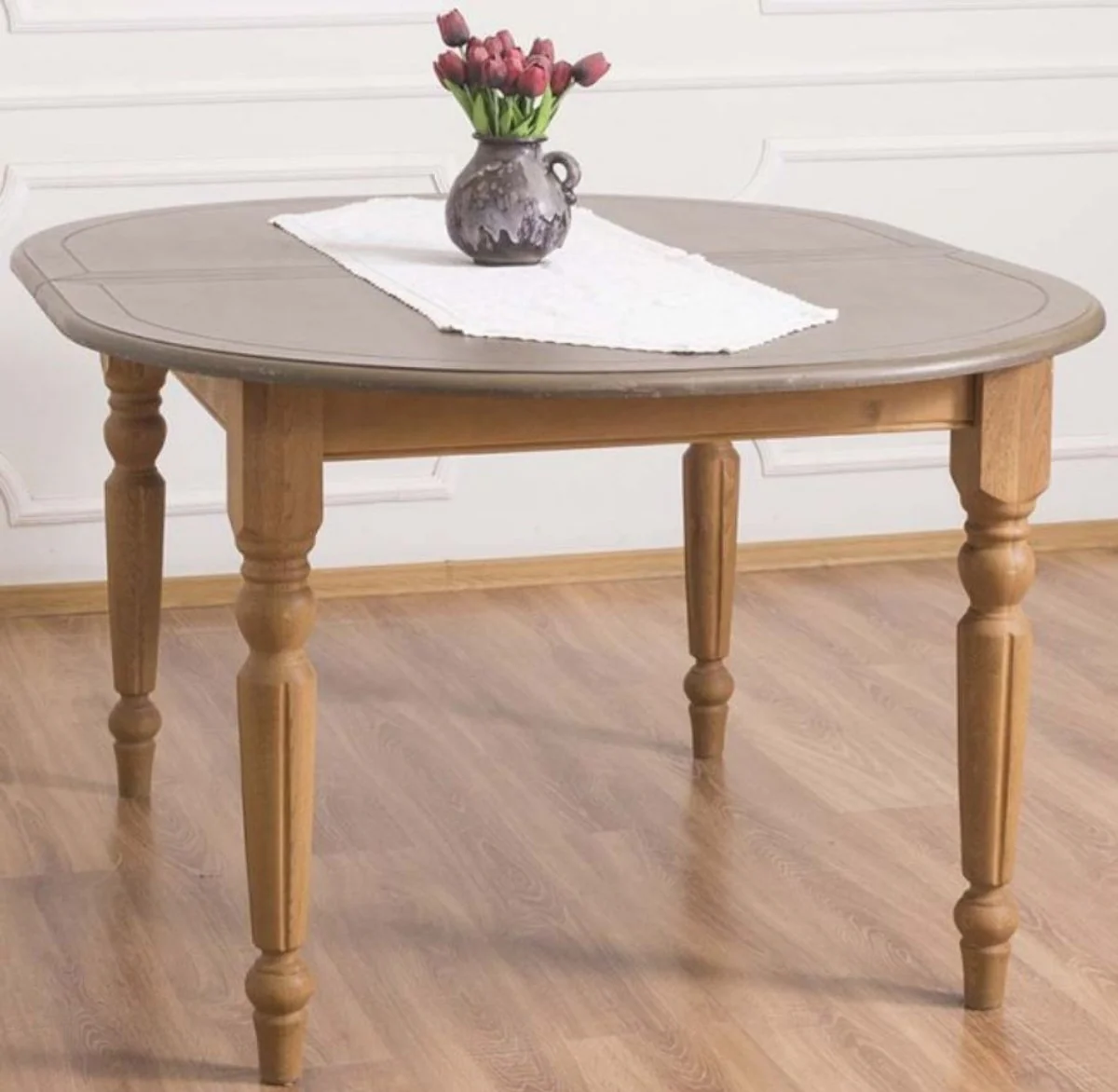 Landhausstil Esstisch Grau / Hellbraun 160 x 120 x H. 78 cm - Ovaler massivholz Küchentisch mit Eichenholz Tischplatte