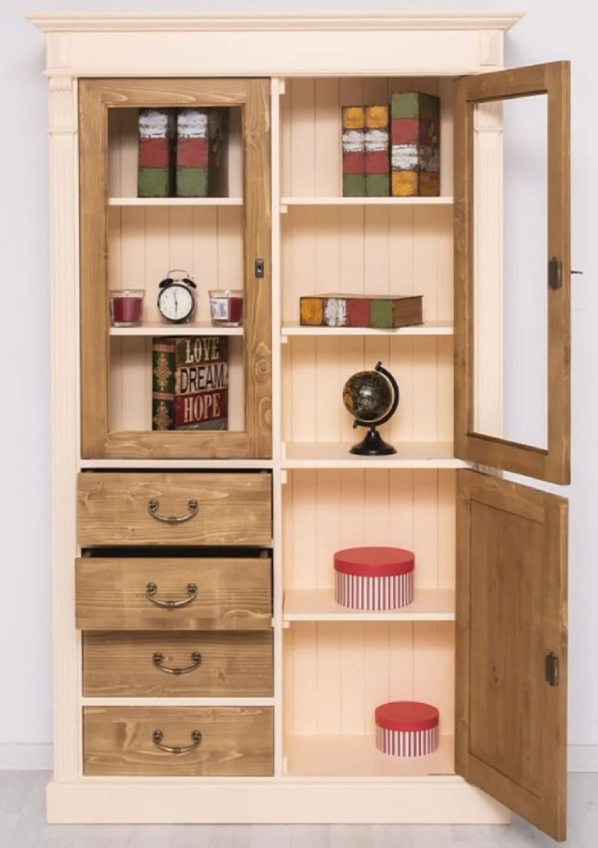 Landhausstil Schrank Creme / Braun 120 x 39 x H. 197 cm - Landhausstil Esszimmer Schrank - Landhausstil Vitrinenschrank - Massivholz Möbel - Landhausstil Möbel