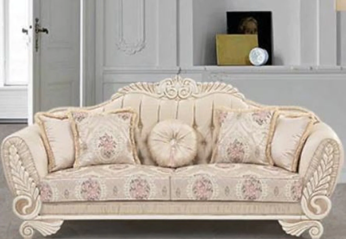 Luxus Barock Sofa Beige / Creme / Rosa 227 x 87 x H. 107 cm - Wohnzimmer Sofa mit dekorativen Kissen - Wohnzimmermöbel im Barockstil