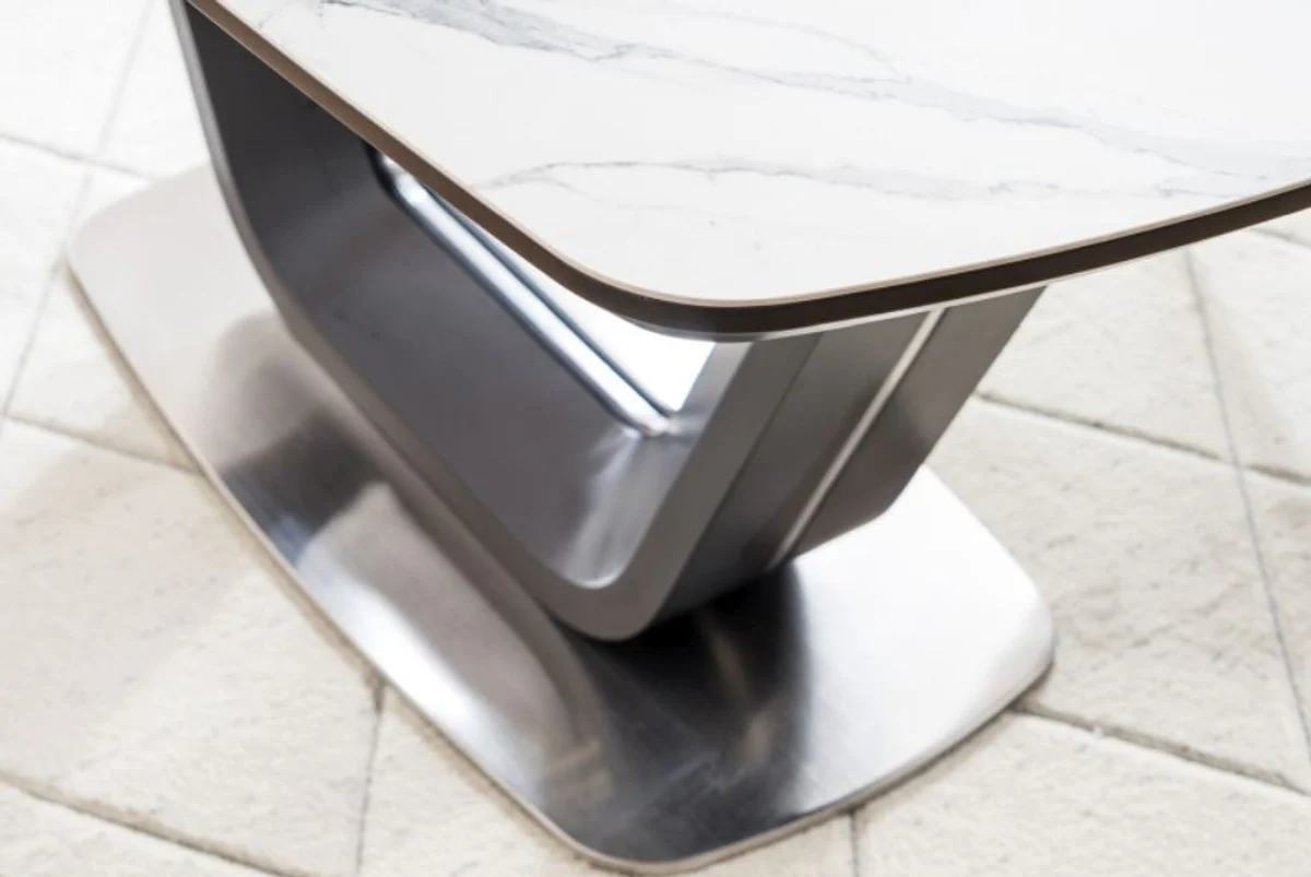 Luxus Esstisch Weiß / Schwarz / Silber 160-220 x 90 x H. 76 cm - Ausziehbarer Küchentisch mit Tischplatte in Marmoroptik - Luxus Esszimmer Möbel