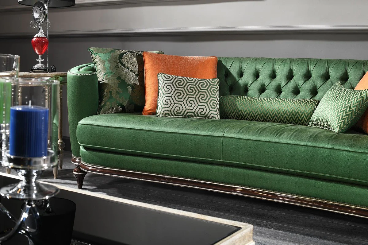 Luxus Barock Sofa Grün / Braun / Silber - Handgefertigtes Wohnzimmer Sofa - Barock Wohnzimmer Möbel