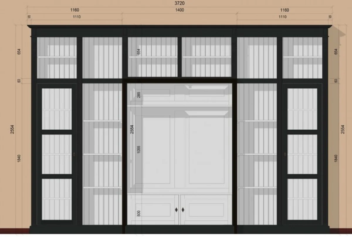 Luxus Wohnzimmer Schrankwand Schwarz / Weiß B 372 x H 255 cm Bücherregal Regal Schrank Fernseh TV - Art Deco Jugendstil Hotel Möbel